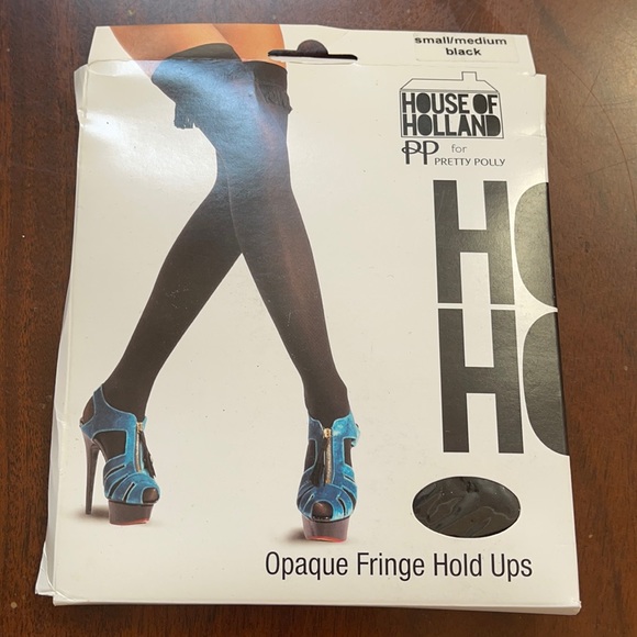House of Holland / Pretty Polly Opaque Fringe Hold Ups  Black NWT One size - Picture 1 of 2